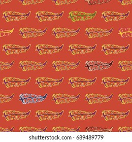 Seamless pattern with Rustic Ethnic decorative feathers, endless colorful background. Hand drawn vintage design. Colored sketch illustration. Vintage Tribal and Decorative feathers.