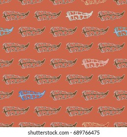 Seamless pattern with Rustic Ethnic decorative feathers, endless colorful background. Hand drawn vintage design. Colored sketch illustration. Vintage Tribal and Decorative feathers.