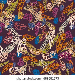 Seamless pattern with Rustic Ethnic decorative feathers, endless colorful background. Hand drawn vintage design. Colored sketch illustration. Vintage Tribal and Decorative feathers.