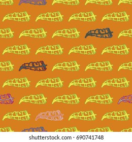 Seamless pattern with Rustic Ethnic decorative feathers, endless colorful background. Hand drawn vintage design. Colored sketch illustration. Vintage Tribal and Decorative feathers.