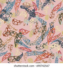 Seamless pattern with Rustic Ethnic decorative feathers, endless colorful background. Hand drawn vintage design. Colored sketch illustration. Vintage Tribal and Decorative feathers.