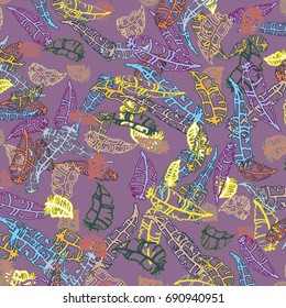 Seamless pattern with Rustic Ethnic decorative feathers, endless colorful background. Hand drawn vintage design. Colored sketch illustration. Vintage Tribal and Decorative feathers.