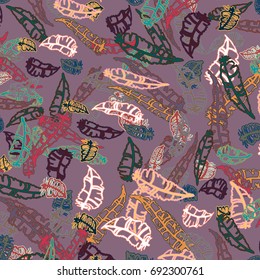 Seamless pattern with Rustic Ethnic decorative feathers, endless colorful background. Hand drawn vintage design. Colored sketch illustration. Vintage Tribal and Decorative feathers.