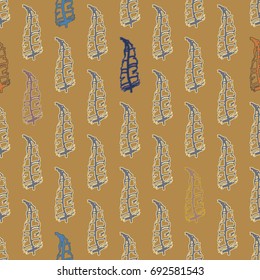 Seamless pattern with Rustic Ethnic decorative feathers, endless colorful background. Hand drawn vintage design. Colored sketch illustration. Vintage Tribal and Decorative feathers.