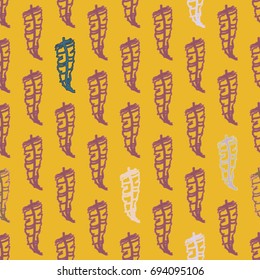 Seamless pattern with Rustic Ethnic decorative feathers, endless colorful background. Hand drawn vintage design. Colored sketch illustration. Vintage Tribal and Decorative feathers.