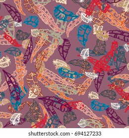 Seamless pattern with Rustic Ethnic decorative feathers, endless colorful background. Hand drawn vintage design. Colored sketch illustration. Vintage Tribal and Decorative feathers.