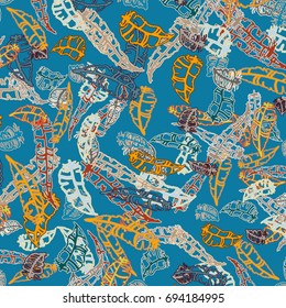 Seamless pattern with Rustic Ethnic decorative feathers, endless colorful background. Hand drawn vintage design. Colored sketch illustration. Vintage Tribal and Decorative feathers.
