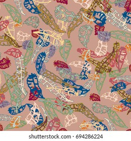 Seamless pattern with Rustic Ethnic decorative feathers, endless colorful background. Hand drawn vintage design. Colored sketch illustration. Vintage Tribal and Decorative feathers.