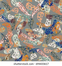 Seamless pattern with Rustic Ethnic decorative feathers, endless colorful background. Hand drawn vintage design. Colored sketch illustration. Vintage Tribal and Decorative feathers.