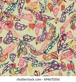 Seamless pattern with Rustic Ethnic decorative feathers, endless colorful background. Hand drawn vintage design. Colored sketch illustration. Vintage Tribal and Decorative feathers.