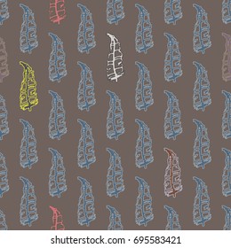 Seamless pattern with Rustic Ethnic decorative feathers, endless colorful background. Hand drawn vintage design. Colored sketch illustration. Vintage Tribal and Decorative feathers.