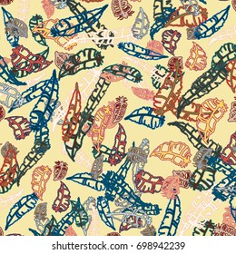 Seamless pattern with Rustic Ethnic decorative feathers, endless colorful background. Hand drawn vintage design. Colored sketch illustration. Vintage Tribal and Decorative feathers.