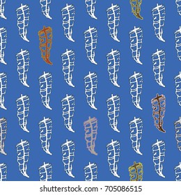 Seamless pattern with Rustic Ethnic decorative feathers, endless colorful background. Hand drawn vintage design. Colored sketch illustration. Vintage Tribal and Decorative feathers.