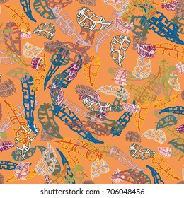 Seamless pattern with Rustic Ethnic decorative feathers, endless colorful background. Hand drawn vintage design. Colored sketch illustration. Vintage Tribal and Decorative feathers.