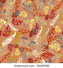 Seamless pattern with Rustic Ethnic decorative feathers, endless colorful background. Hand drawn vintage design. Colored sketch illustration. Vintage Tribal and Decorative feathers.