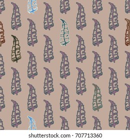 Seamless pattern with Rustic Ethnic decorative feathers, endless colorful background. Hand drawn vintage design. Colored sketch illustration. Vintage Tribal and Decorative feathers.