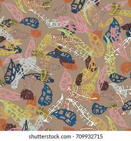 Seamless pattern with Rustic Ethnic decorative feathers, endless colorful background. Hand drawn vintage design. Colored sketch illustration. Vintage Tribal and Decorative feathers.