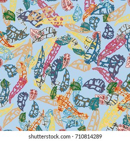 Seamless pattern with Rustic Ethnic decorative feathers, endless colorful background. Hand drawn vintage design. Colored sketch illustration. Vintage Tribal and Decorative feathers.