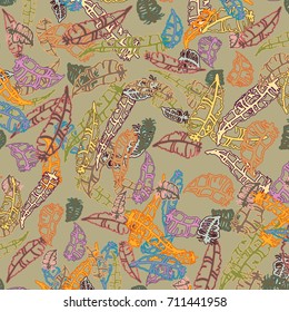 Seamless pattern with Rustic Ethnic decorative feathers, endless colorful background. Hand drawn vintage design. Colored sketch illustration. Vintage Tribal and Decorative feathers.