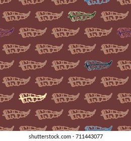 Seamless pattern with Rustic Ethnic decorative feathers, endless colorful background. Hand drawn vintage design. Colored sketch illustration. Vintage Tribal and Decorative feathers.