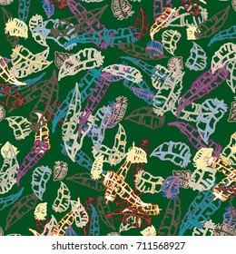 Seamless pattern with Rustic Ethnic decorative feathers, endless colorful background. Hand drawn vintage design. Colored sketch illustration. Vintage Tribal and Decorative feathers.