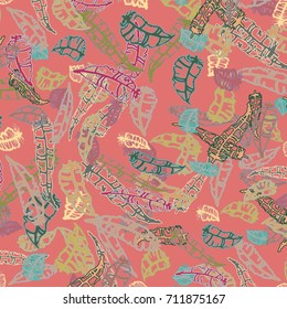 Seamless pattern with Rustic Ethnic decorative feathers, endless colorful background. Hand drawn vintage design. Colored sketch illustration. Vintage Tribal and Decorative feathers.