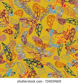 Seamless pattern with Rustic Ethnic decorative feathers, endless colorful background. Hand drawn vintage design. Colored sketch illustration. Vintage Tribal and Decorative feathers.