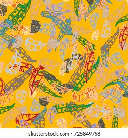 Seamless pattern with Rustic Ethnic decorative feathers, endless colorful background. Hand drawn vintage design. Colored sketch illustration. Vintage Tribal and Decorative feathers.