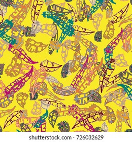 Seamless pattern with Rustic Ethnic decorative feathers, endless colorful background. Hand drawn vintage design. Colored sketch illustration. Vintage Tribal and Decorative feathers.