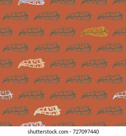 Seamless pattern with Rustic Ethnic decorative feathers, endless colorful background. Hand drawn vintage design. Colored sketch illustration. Vintage Tribal and Decorative feathers.