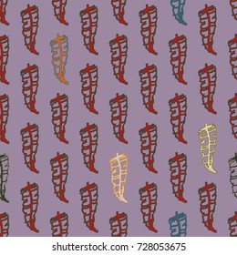 Seamless pattern with Rustic Ethnic decorative feathers, endless colorful background. Hand drawn vintage design. Colored sketch illustration. Vintage Tribal and Decorative feathers.