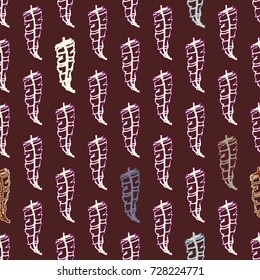 Seamless pattern with Rustic Ethnic decorative feathers, endless colorful background. Hand drawn vintage design. Colored sketch illustration. Vintage Tribal and Decorative feathers.
