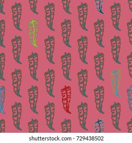 Seamless pattern with Rustic Ethnic decorative feathers, endless colorful background. Hand drawn vintage design. Colored sketch illustration. Vintage Tribal and Decorative feathers.