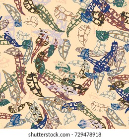 Seamless pattern with Rustic Ethnic decorative feathers, endless colorful background. Hand drawn vintage design. Colored sketch illustration. Vintage Tribal and Decorative feathers.