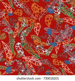 Seamless pattern with Rustic Ethnic decorative feathers, endless colorful background. Hand drawn vintage design. Colored sketch illustration. Vintage Tribal and Decorative feathers.