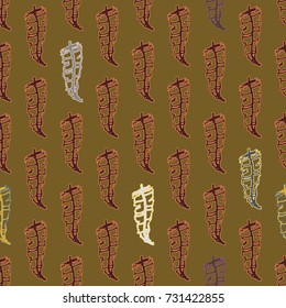 Seamless pattern with Rustic Ethnic decorative feathers, endless colorful background. Hand drawn vintage design. Colored sketch illustration. Vintage Tribal and Decorative feathers.