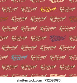 Seamless pattern with Rustic Ethnic decorative feathers, endless colorful background. Hand drawn vintage design. Colored sketch illustration. Vintage Tribal and Decorative feathers.