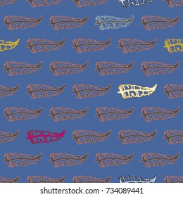 Seamless pattern with Rustic Ethnic decorative feathers, endless colorful background. Hand drawn vintage design. Colored sketch illustration. Vintage Tribal and Decorative feathers.