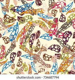 Seamless pattern with Rustic Ethnic decorative feathers, endless colorful background. Hand drawn vintage design. Colored sketch illustration. Vintage Tribal and Decorative feathers.