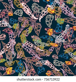 Seamless pattern with Rustic Ethnic decorative feathers, endless colorful background. Hand drawn vintage design. Colored sketch illustration. Vintage Tribal and Decorative feathers.