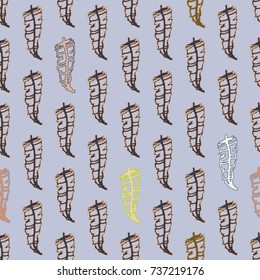 Seamless pattern with Rustic Ethnic decorative feathers, endless colorful background. Hand drawn vintage design. Colored sketch illustration. Vintage Tribal and Decorative feathers.