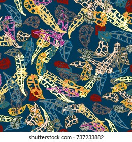 Seamless pattern with Rustic Ethnic decorative feathers, endless colorful background. Hand drawn vintage design. Colored sketch illustration. Vintage Tribal and Decorative feathers.