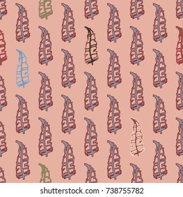 Seamless pattern with Rustic Ethnic decorative feathers, endless colorful background. Hand drawn vintage design. Colored sketch illustration. Vintage Tribal and Decorative feathers.