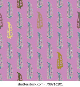 Seamless pattern with Rustic Ethnic decorative feathers, endless colorful background. Hand drawn vintage design. Colored sketch illustration. Vintage Tribal and Decorative feathers.