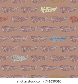 Seamless pattern with Rustic Ethnic decorative feathers, endless colorful background. Hand drawn vintage design. Colored sketch illustration. Vintage Tribal and Decorative feathers.