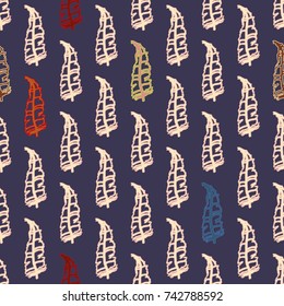 Seamless pattern with Rustic Ethnic decorative feathers, endless colorful background. Hand drawn vintage design. Colored sketch illustration. Vintage Tribal and Decorative feathers.