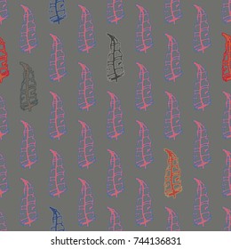 Seamless pattern with Rustic Ethnic decorative feathers, endless colorful background. Hand drawn vintage design. Colored sketch illustration. Vintage Tribal and Decorative feathers.