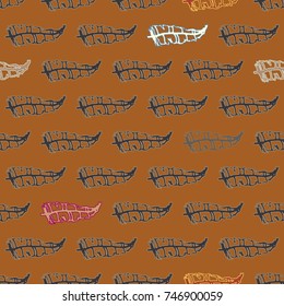 Seamless pattern with Rustic Ethnic decorative feathers, endless colorful background. Hand drawn vintage design. Colored sketch illustration. Vintage Tribal and Decorative feathers.