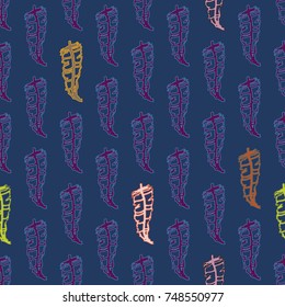 Seamless pattern with Rustic Ethnic decorative feathers, endless colorful background. Hand drawn vintage design. Colored sketch illustration. Vintage Tribal and Decorative feathers.