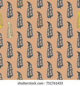 Seamless pattern with Rustic Ethnic decorative feathers, endless colorful background. Hand drawn vintage design. Colored sketch illustration. Vintage Tribal and Decorative feathers.